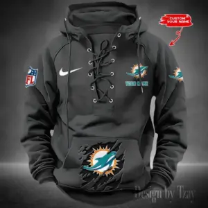 Miami Dolphins Lace-Up Cross V-Neck Drawstring Hoodie