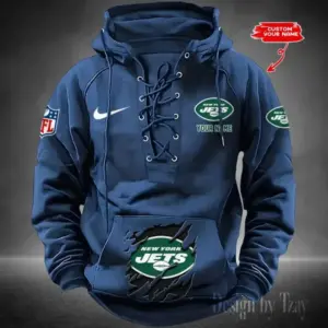 New York Jets Lace-Up Cross V-Neck Drawstring Hoodie