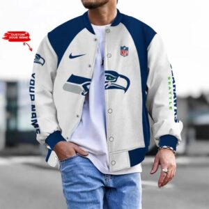 Customize Your Name With Seattle Seahawks Button Down Baseball Varsity Bomber Jacket