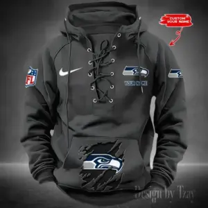 Seattle Seahawks Lace-Up Cross V-Neck Drawstring Hoodie