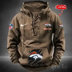 Denver Broncos Lace-Up Cross V-Neck Drawstring Hoodie