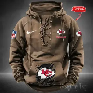 Kansas City Chiefs Lace-Up Cross V-Neck Drawstring Hoodie